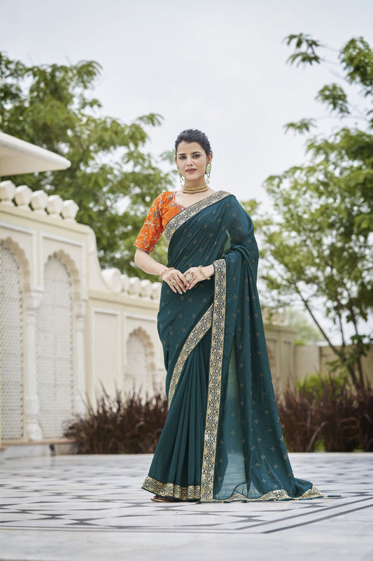 Morpich Sequence With Swarovski Work Vichitra Silk Saree