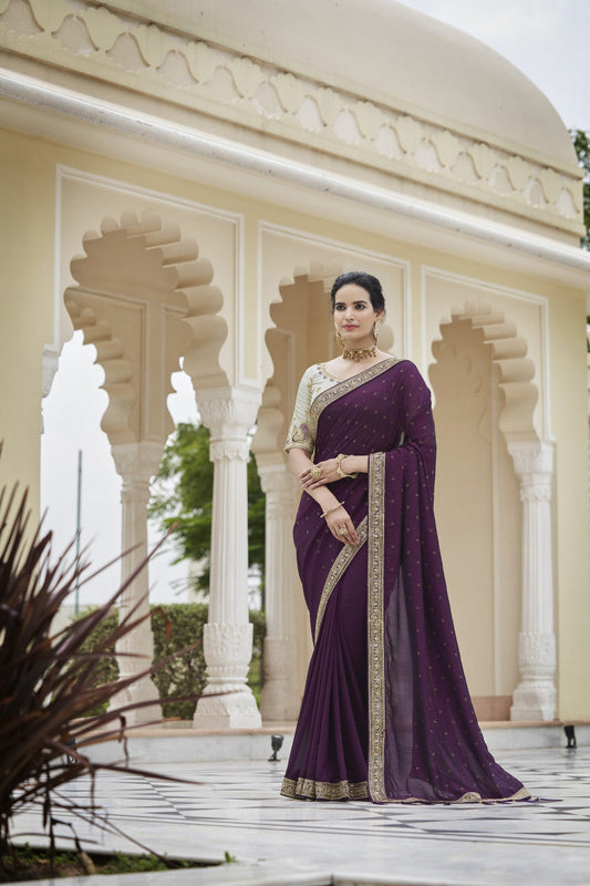 Wine Sequence With Swarovski Work Vichitra Silk Saree