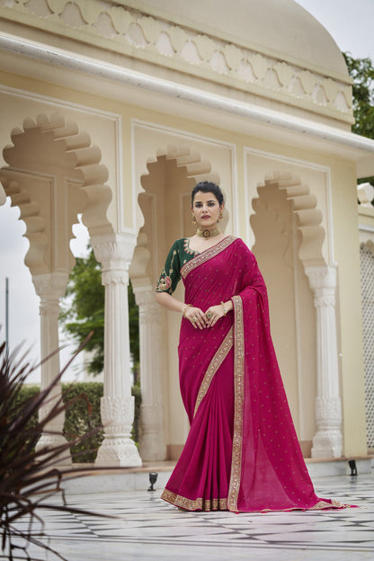 Pink Sequence With Swarovski Work Vichitra Silk Saree