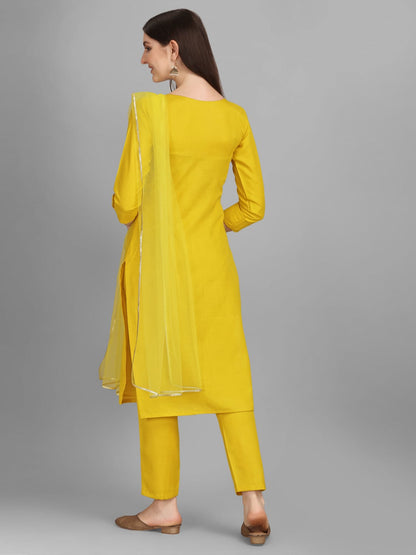 Yellow Cotton Embellished With Mirror Thread Work Salwar Suit