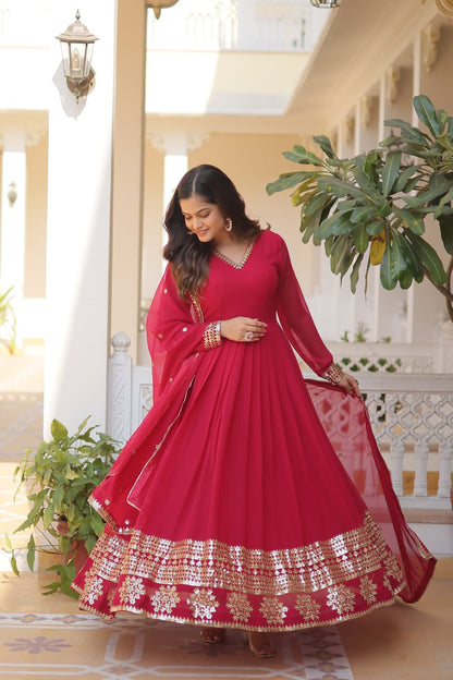 Pink Colour Faux Blooming Gown With Dupatta With Attractive Embroidered Sequins Work