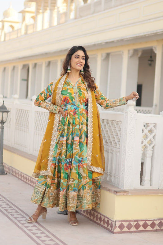 Green  Multi Colour Digital Printed Russian Silk With  Embroidery Zari Sequins Work Gown