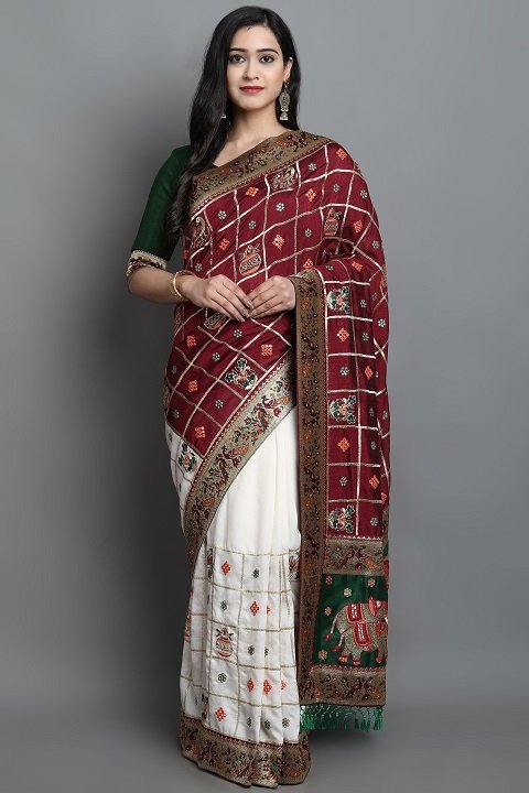 Patola Silk Saree | White, Bottle Green, Red Panetar Wedding Saree | Doli Design Saree