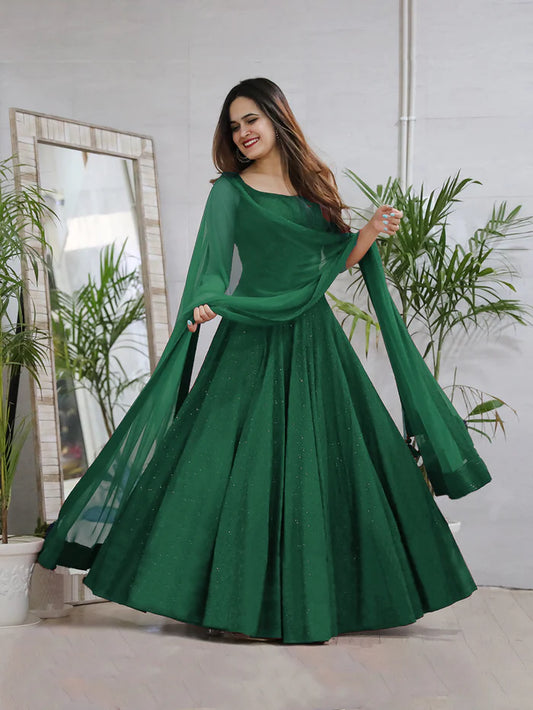 Dark Green Rayon Anarkali Lucknowi Chikankari Embroidery Work Gown