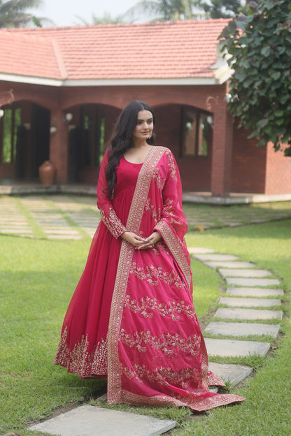 Pink Faux Blooming Gown With Dupatta With Attractive Embroidered Sequins Work With Lace Border