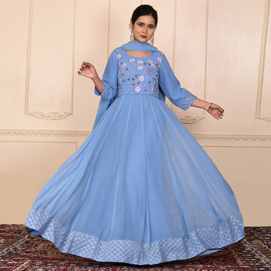 Blue Embroidered Georgette Gown With Dupatta