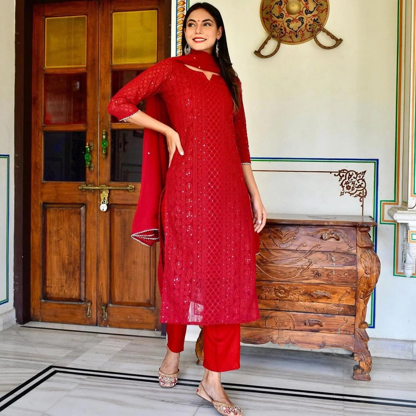 Red Lucknowi Chikankari Work Georgette Kurti Pant Set With Dupatta