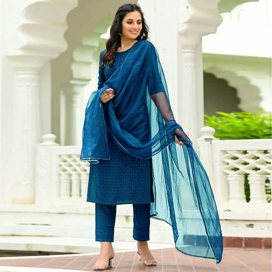 Blue Lucknowi Chikankari Work Rayon Kurti Pant Set With Dupatta