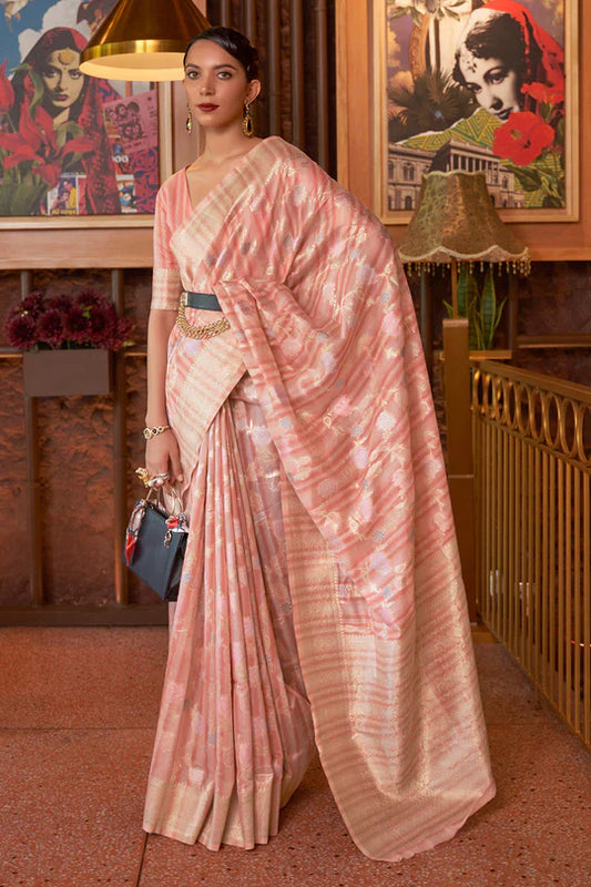Gorgeous Flamingo Classic Linen Handloom Weaving Saree