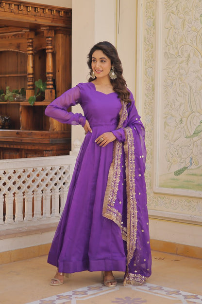 Purple Russian Silk Gown Dupatta With Attractive Embroidered Sequins Work With Lace Border