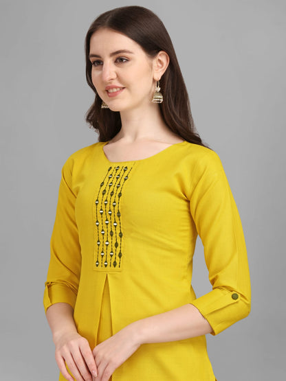 Yellow Cotton Embellished With Mirror Thread Work Salwar Suit