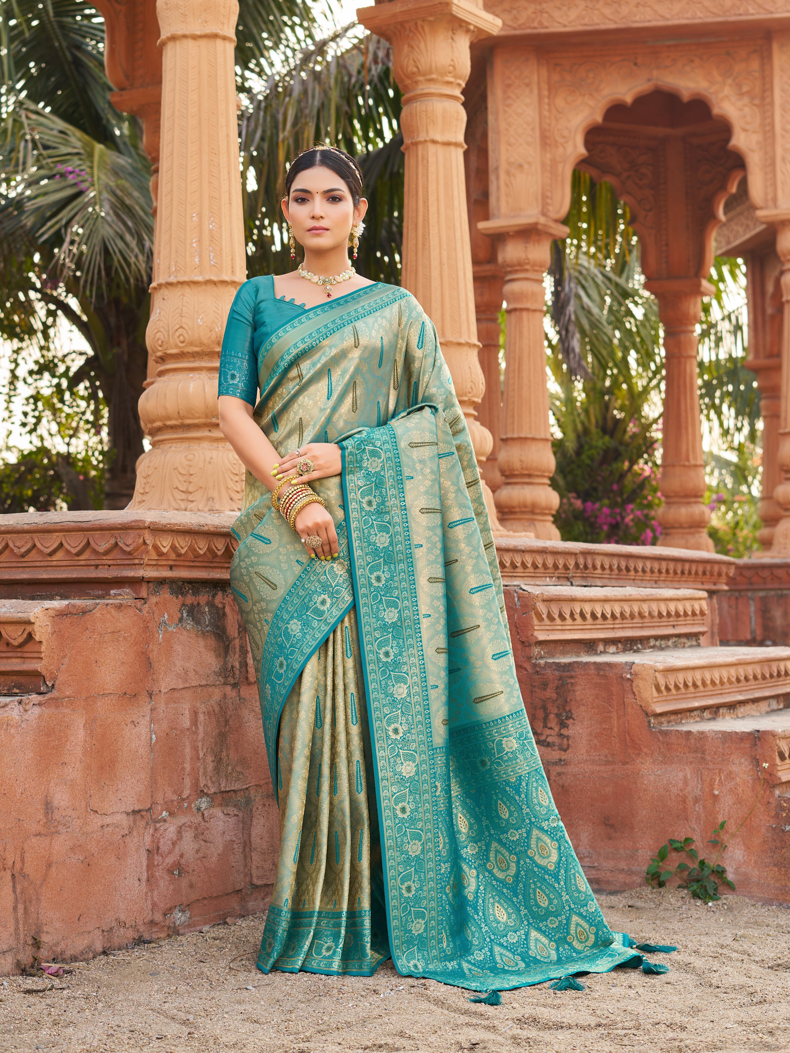 Blue Soft Banarasi Silk With Gold Zari Weaving With Zhallar Saree With Blouse Piece