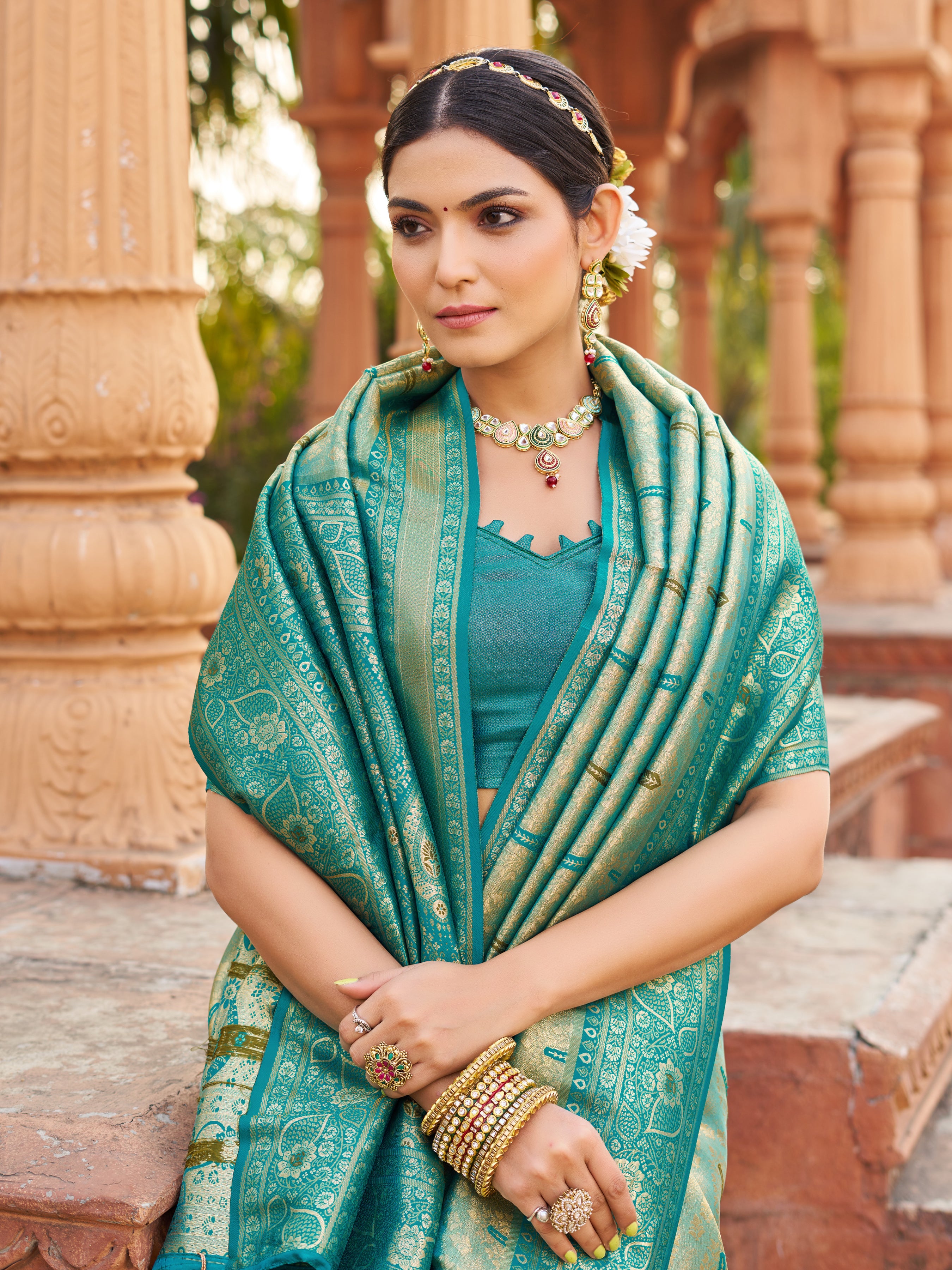 Blue Soft Banarasi Silk With Gold Zari Weaving With Zhallar Saree With Blouse Piece