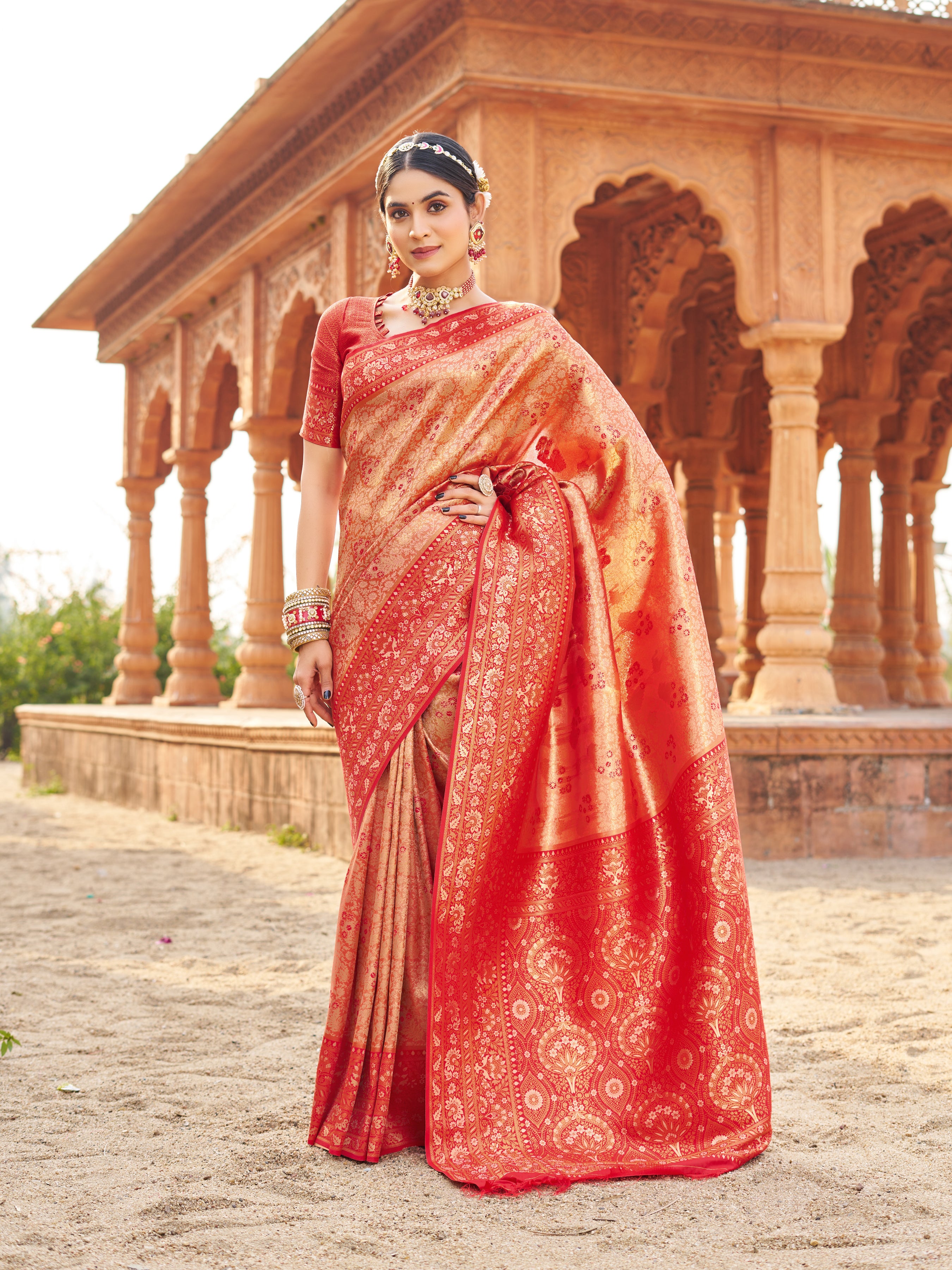 Red Soft Banarasi Silk With Gold Zari Weaving With Zhallar Saree With Blouse Piece