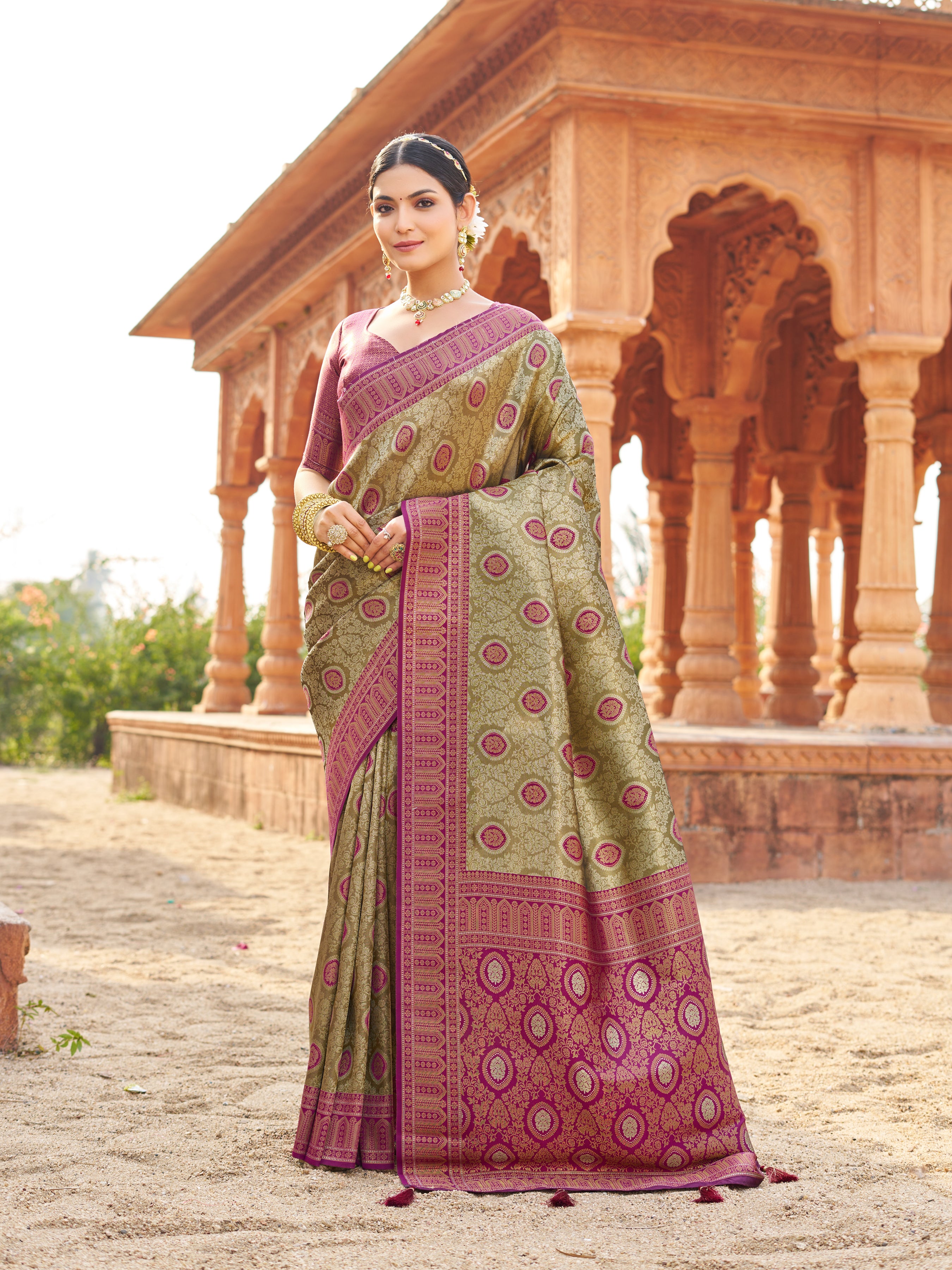 Wine Soft Banarasi Silk With Gold Zari Weaving With Zhallar Saree With Blouse Piece