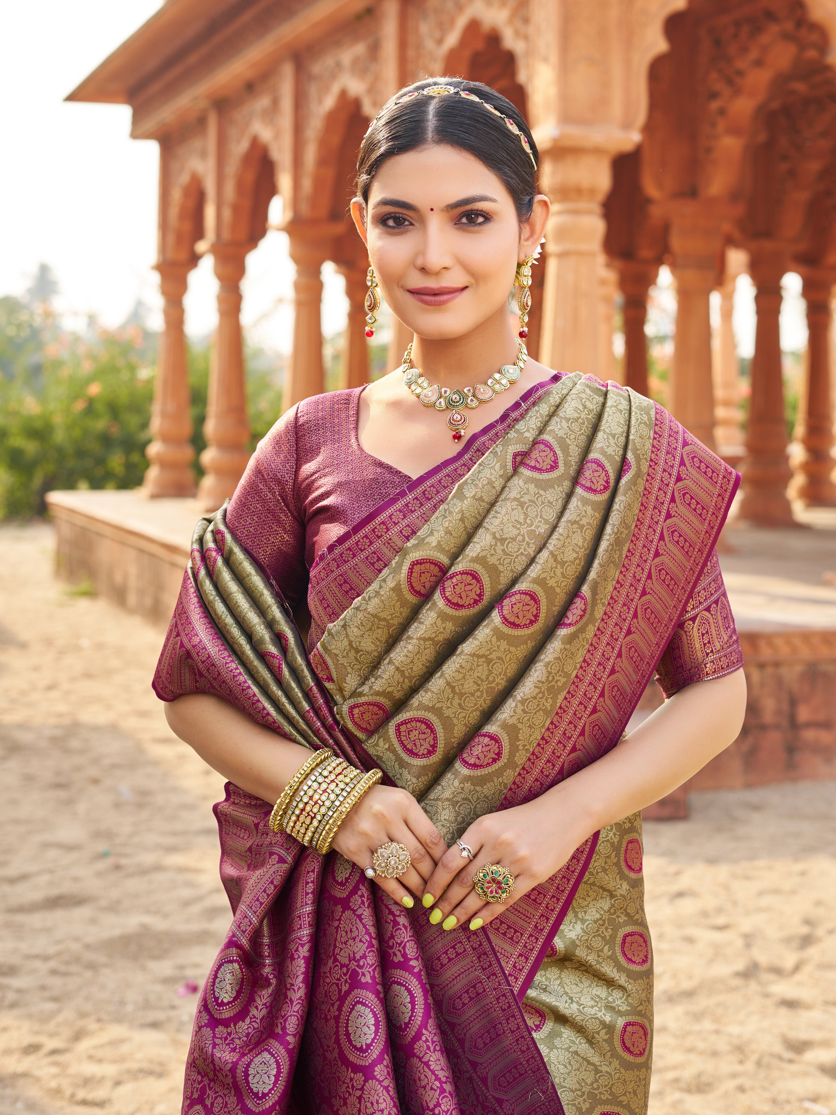 Wine Soft Banarasi Silk With Gold Zari Weaving With Zhallar Saree With Blouse Piece