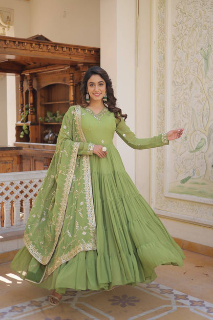 Parrot Green Unique Coloured Faux Georgette With Embroidered Work Gown With Dupatta