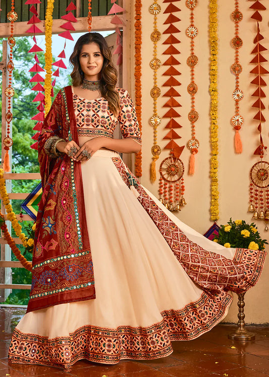 Precious Beige Maslin Cotton Mirror Navratri Chaniya Choli