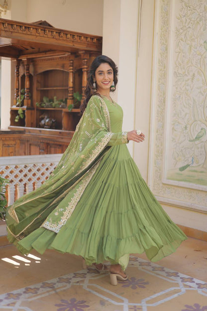 Parrot Green Unique Coloured Faux Georgette With Embroidered Work Gown With Dupatta