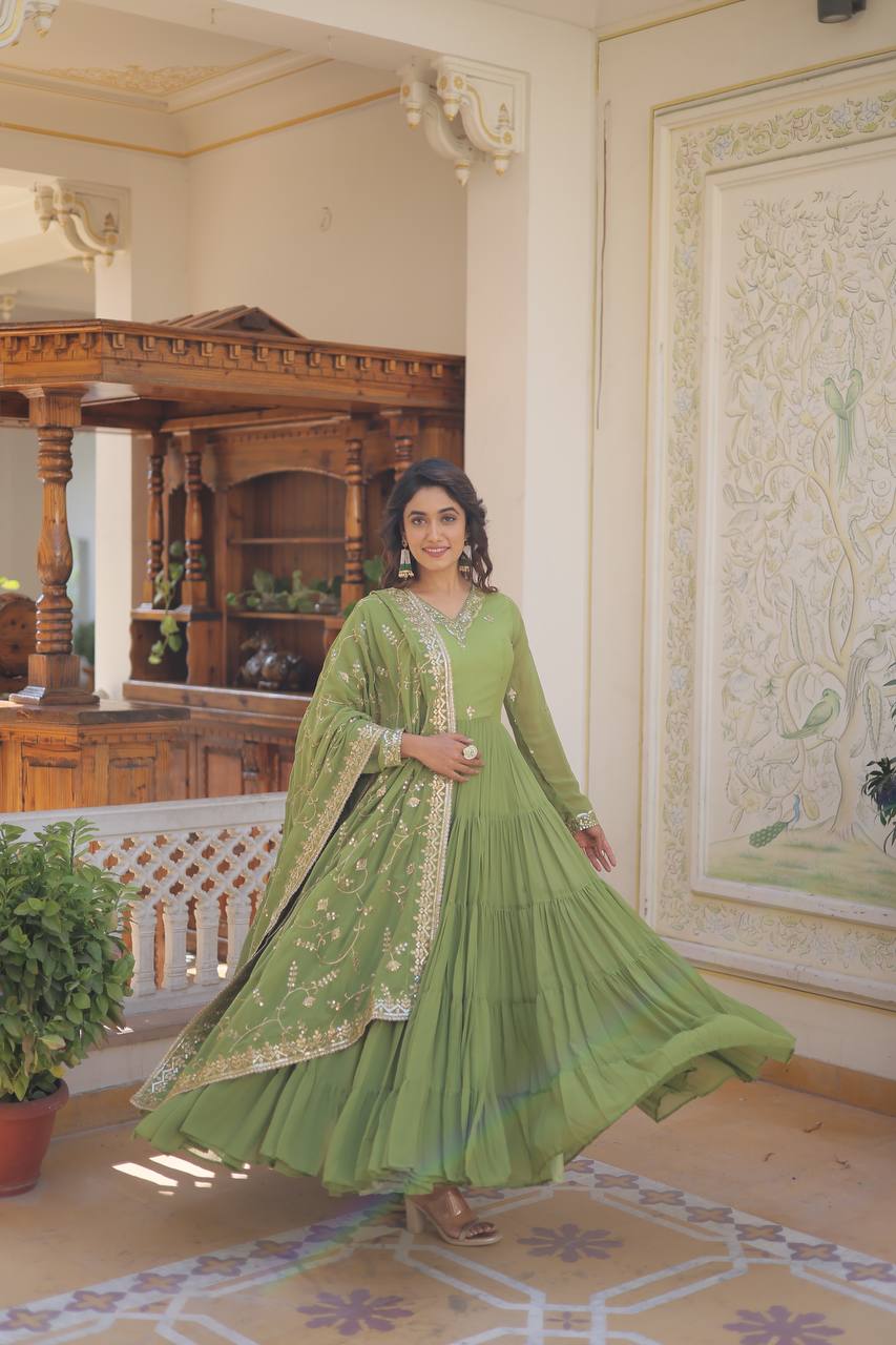 Parrot Green Unique Coloured Faux Georgette With Embroidered Work Gown With Dupatta