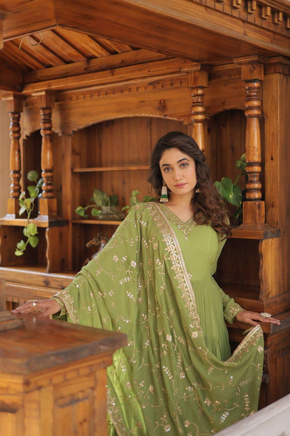 Parrot Green Unique Coloured Faux Georgette With Embroidered Work Gown With Dupatta