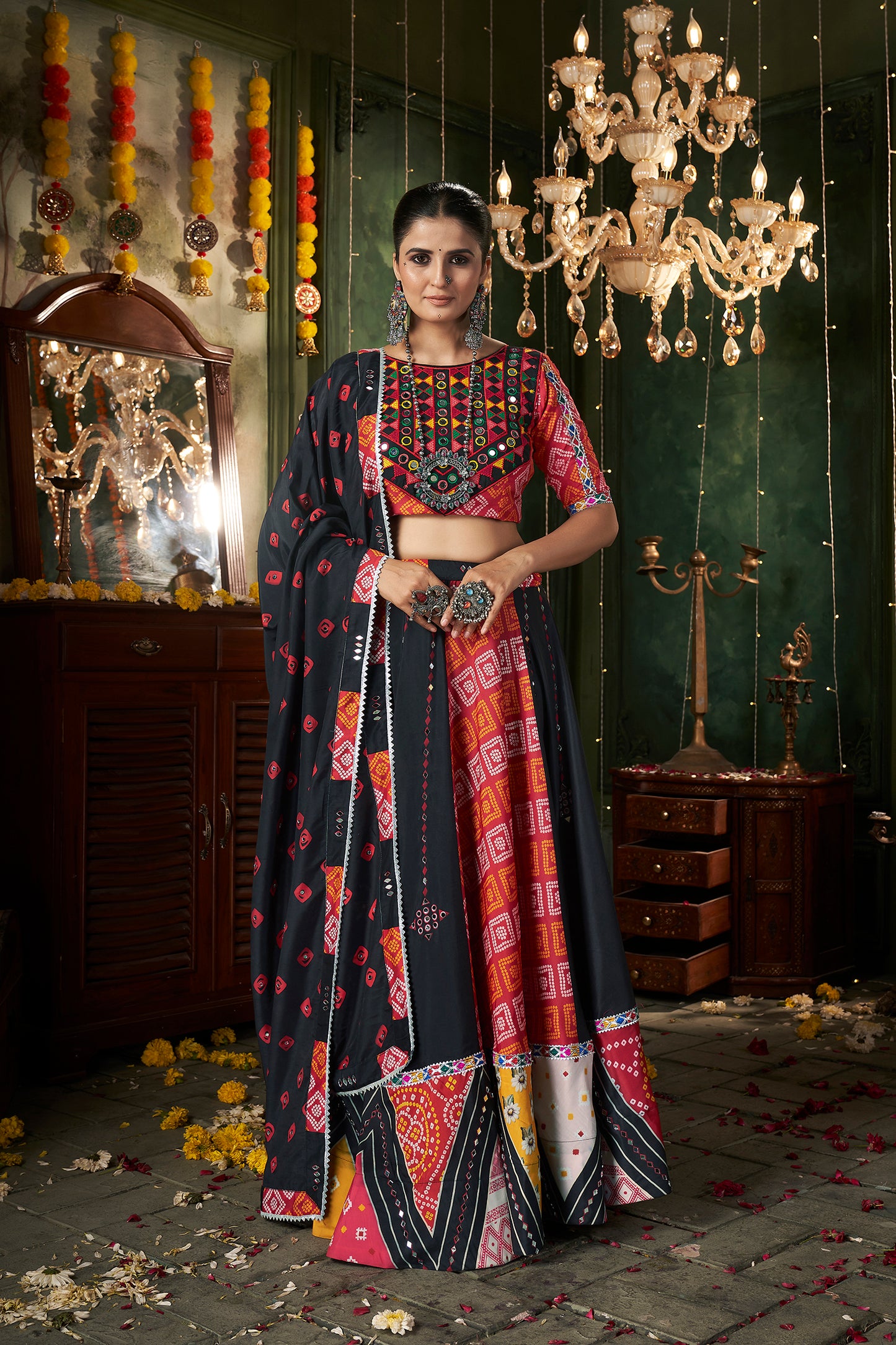 Black Color Printed With Mirror Work Chaniya Choli For Navratri