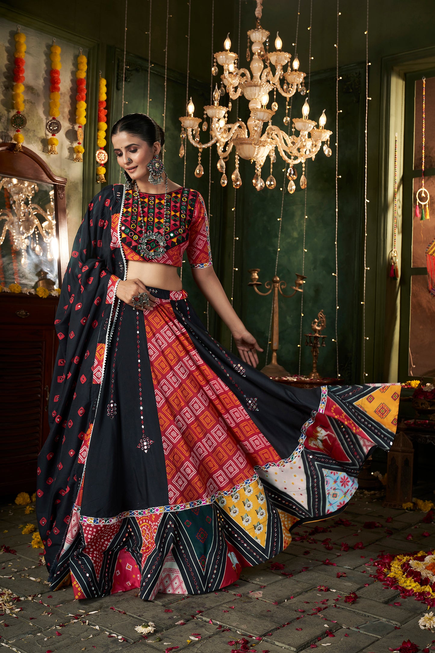 Black Color Printed With Mirror Work Chaniya Choli For Navratri