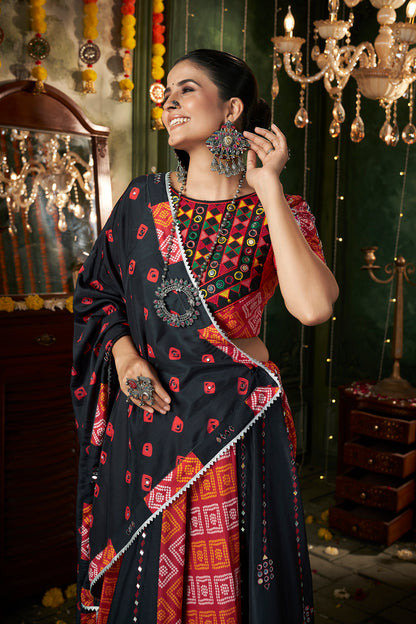 Black Color Printed With Mirror Work Chaniya Choli For Navratri