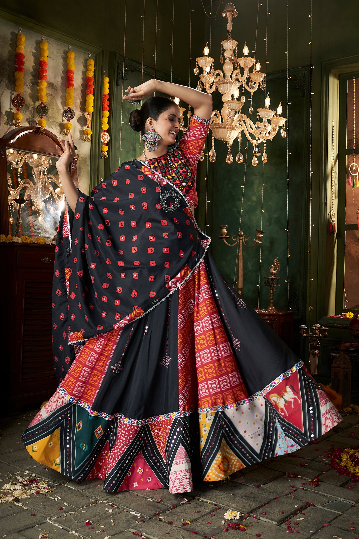 Black Color Printed With Mirror Work Chaniya Choli For Navratri