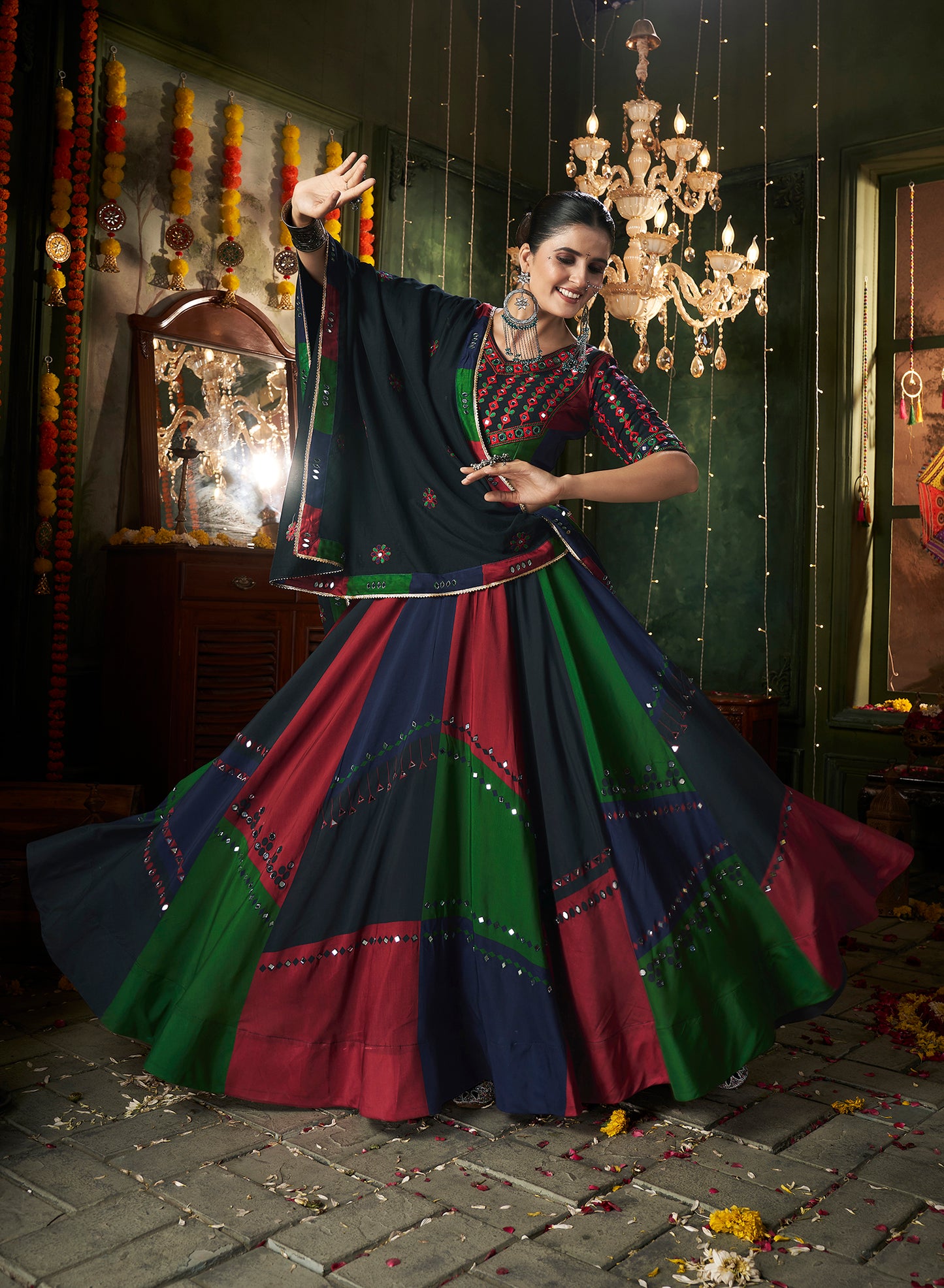 Multi Color Printed With Mirror Work Navratri Ghagra Choli For Women