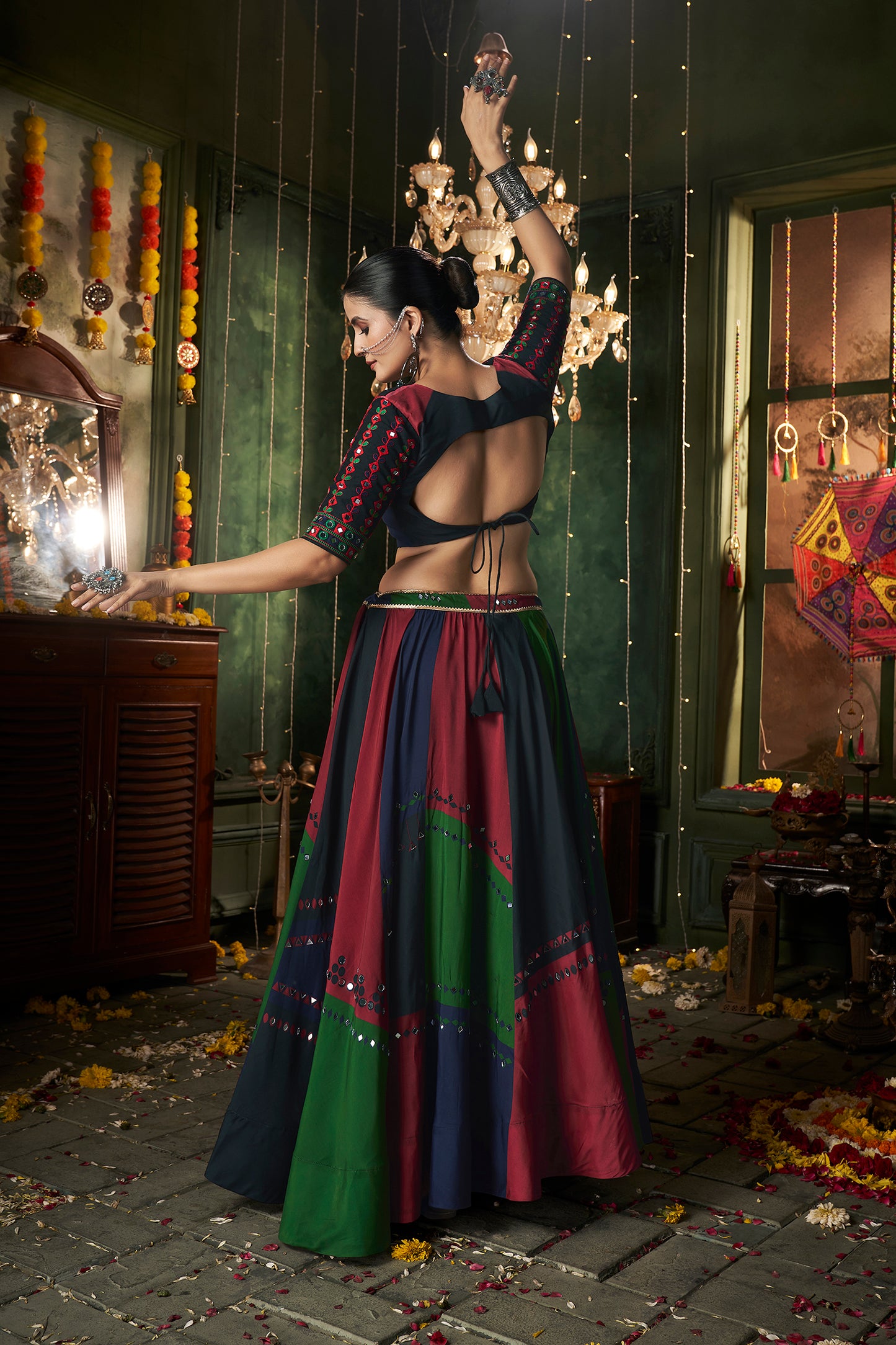 Multi Color Printed With Mirror Work Navratri Ghagra Choli For Women