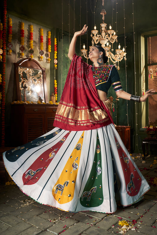 White Print With Mirror Work For Navratri Chaniya Choli