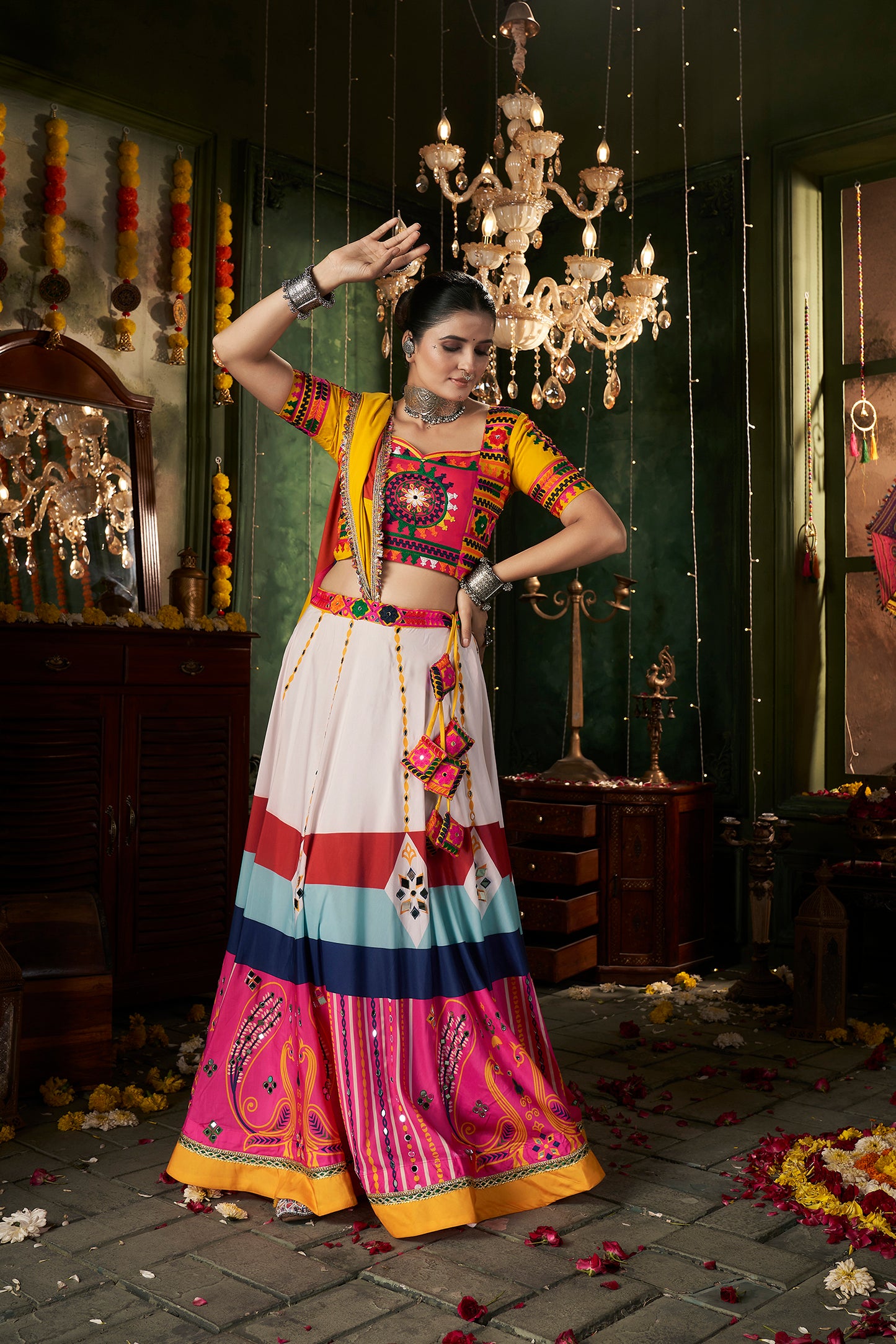 Multicolor Printed And Mirror Work Traditional For Navratri Ghagra Choli