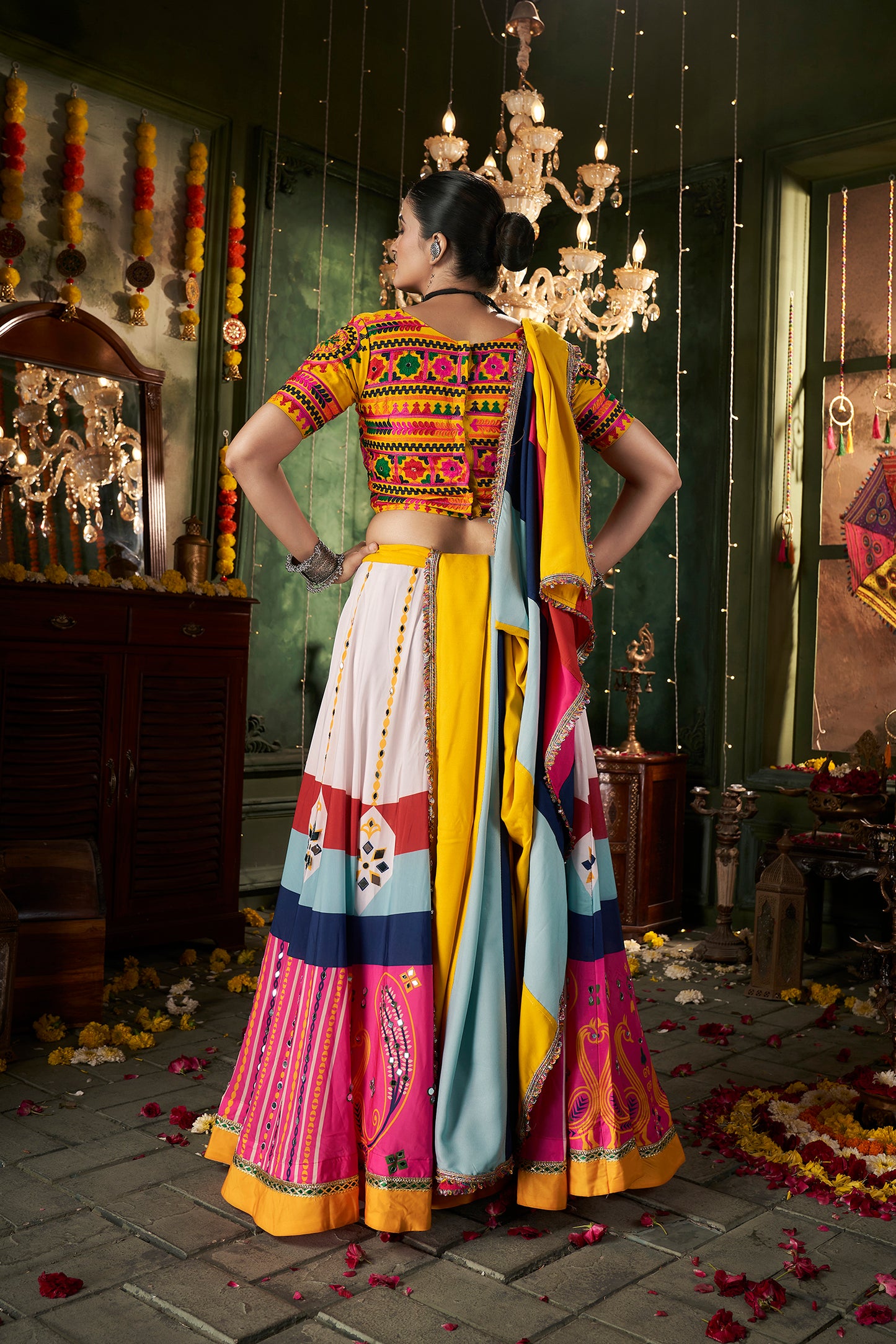 Multicolor Printed And Mirror Work Traditional For Navratri Ghagra Choli