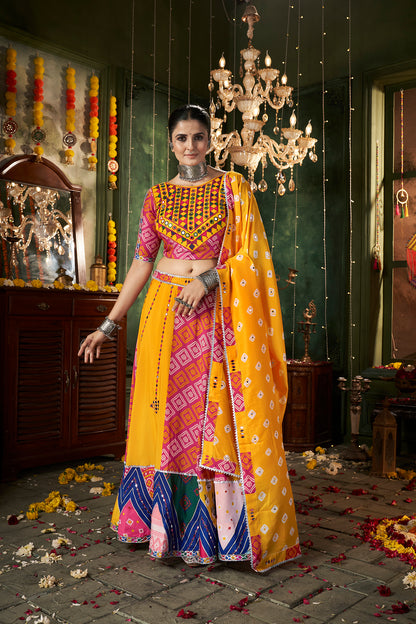 Print With Mirror Work Yellow Color For Navratri Special Chaniya Choli