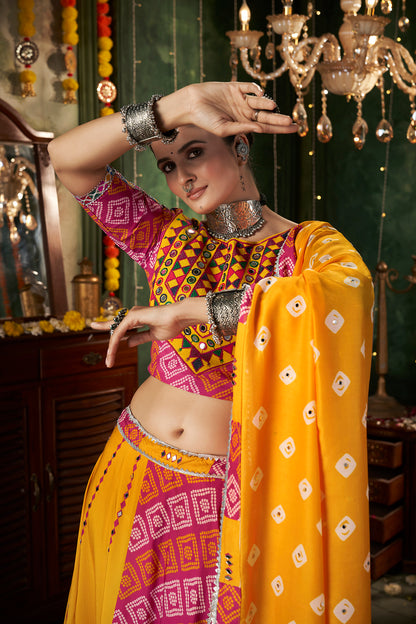 Print With Mirror Work Yellow Color For Navratri Special Chaniya Choli