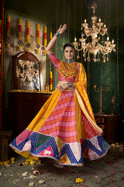 Print With Mirror Work Yellow Color For Navratri Special Chaniya Choli