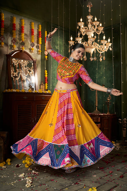 Print With Mirror Work Yellow Color For Navratri Special Chaniya Choli