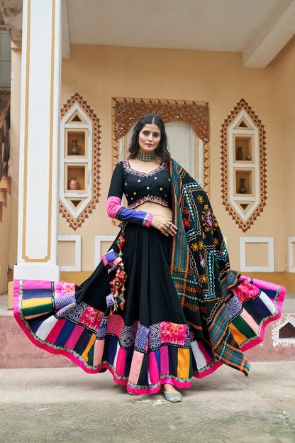 Most Beautiful Black Color Embroidery Mirror Work Chania Choli for Navratri