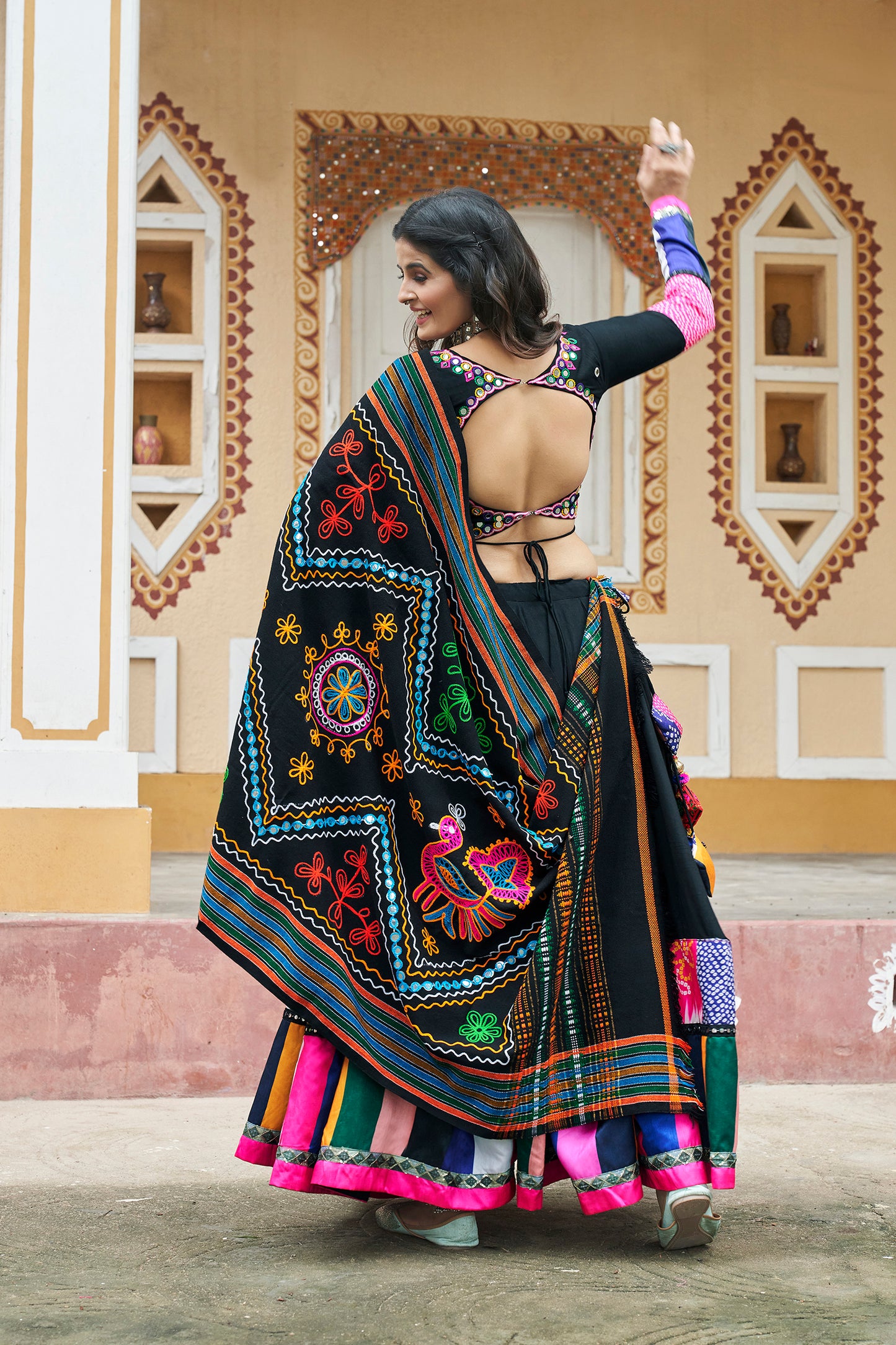 Most Beautiful Black Color Embroidery Mirror Work Chania Choli for Navratri