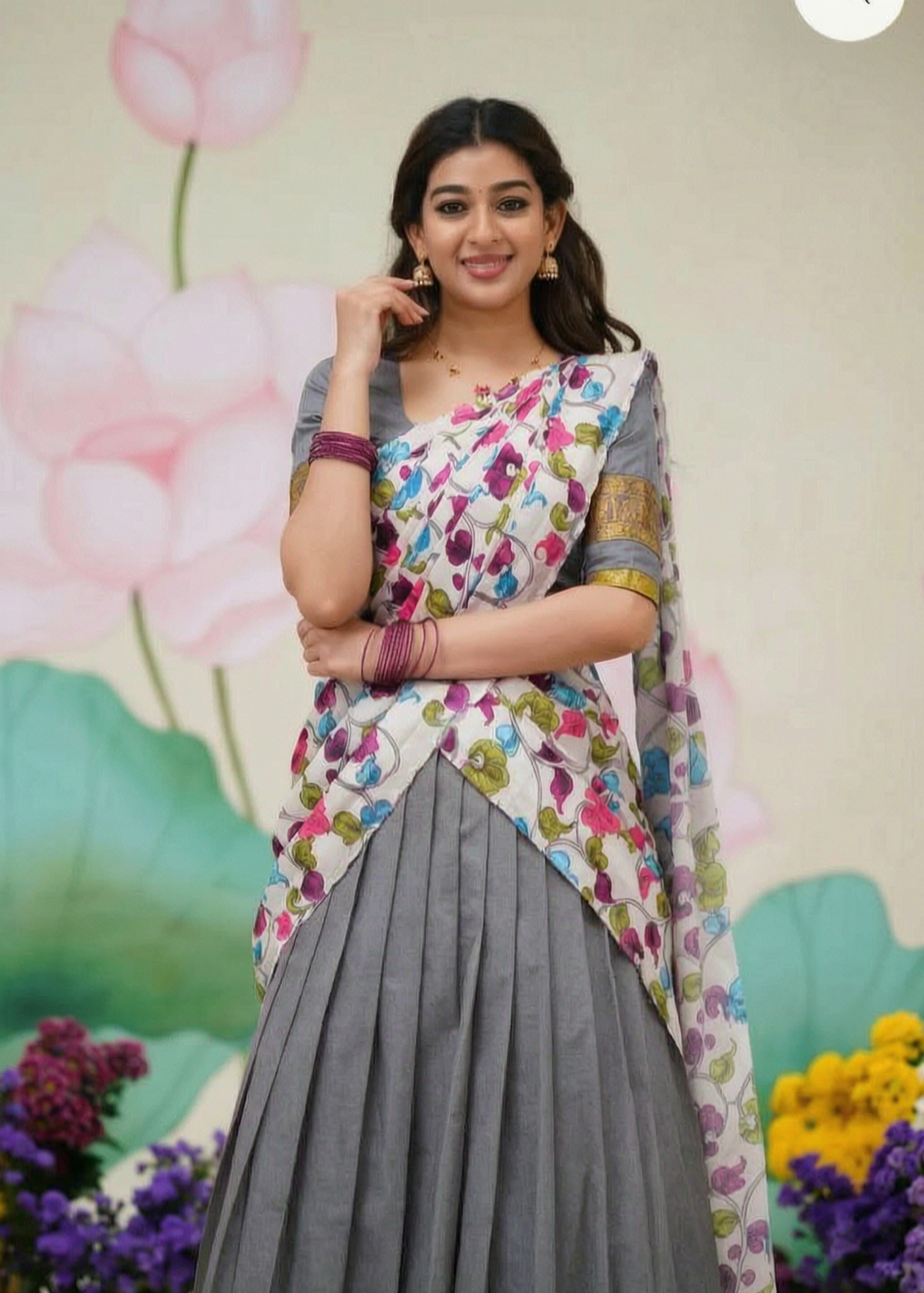 Grey jacquard silk half saree with gold zari temple border and floral print dupatta
