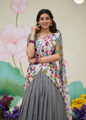 Grey jacquard silk half saree with gold zari temple border and floral print dupatta
