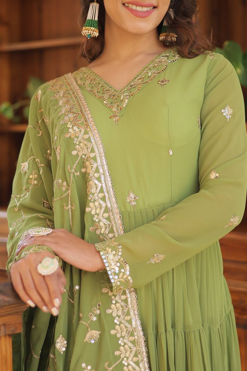 Parrot Green Unique Coloured Faux Georgette With Embroidered Work Gown With Dupatta