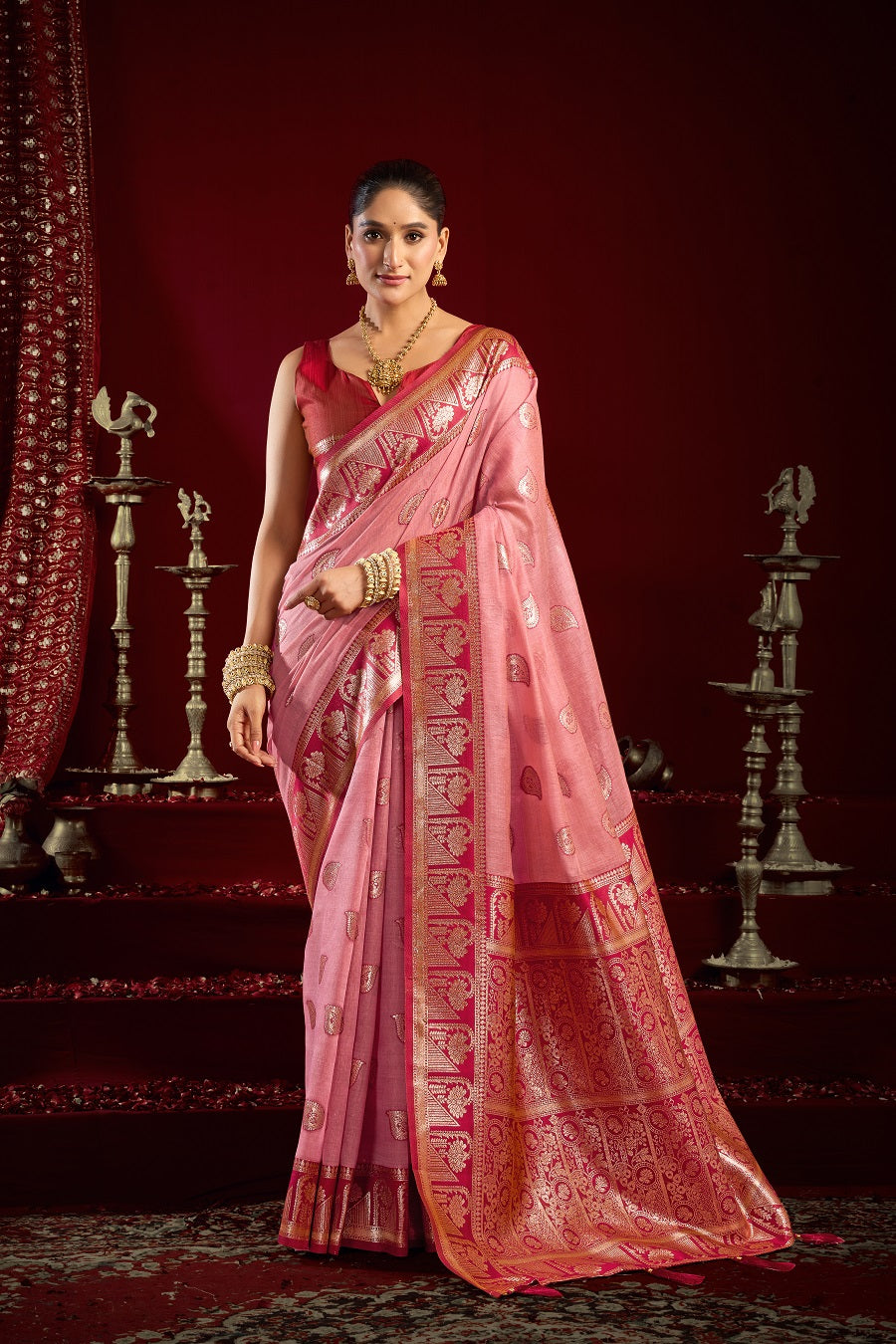 Pink Fancy Modal Banarasi Zari Saree with Premium Zhallar Border – Designer Festive Party Wear Saree