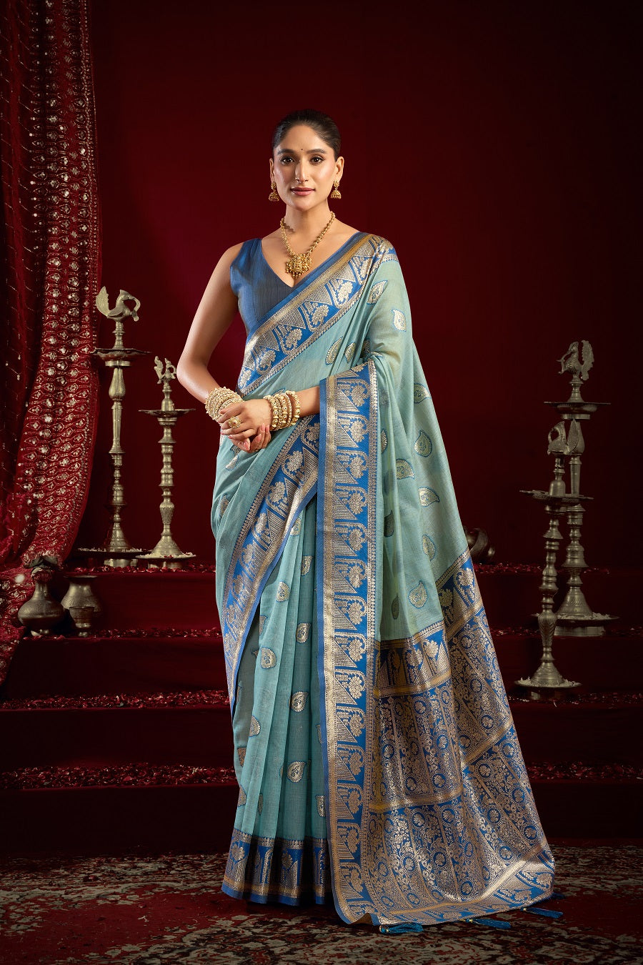 Sky Blue Fancy Modal Banarasi Zari Saree with Premium Zhallar Border – Designer Festive Party Wear Saree
