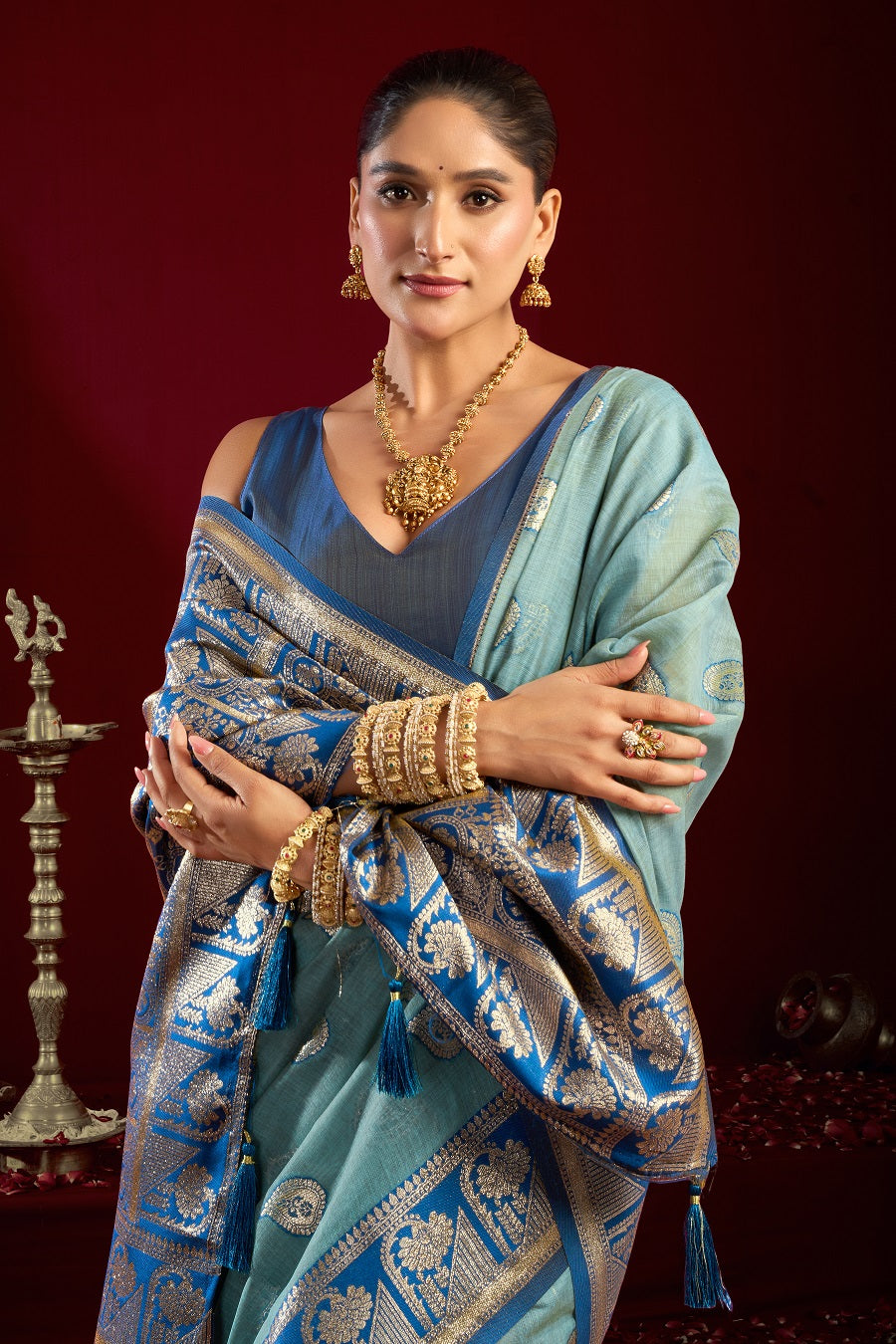 Sky Blue Fancy Modal Banarasi Zari Saree with Premium Zhallar Border – Designer Festive Party Wear Saree