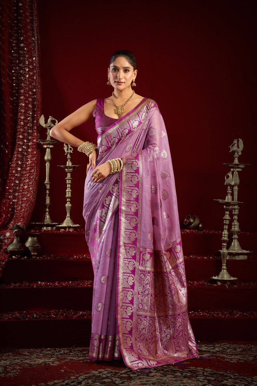 Lavender Fancy Modal Banarasi Zari Saree with Premium Zhallar Border – Designer Festive Party Wear Saree