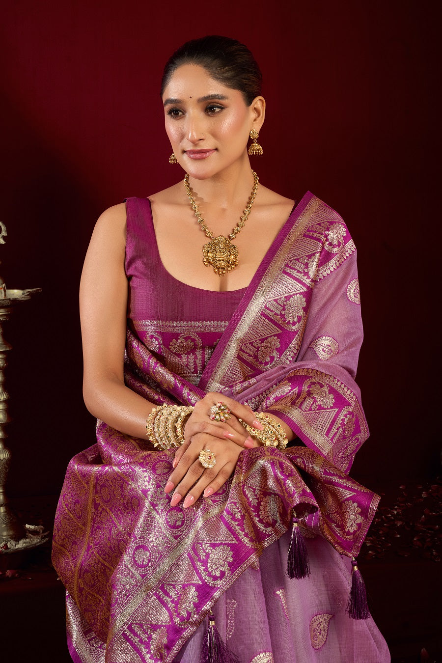 Lavender Fancy Modal Banarasi Zari Saree with Premium Zhallar Border – Designer Festive Party Wear Saree