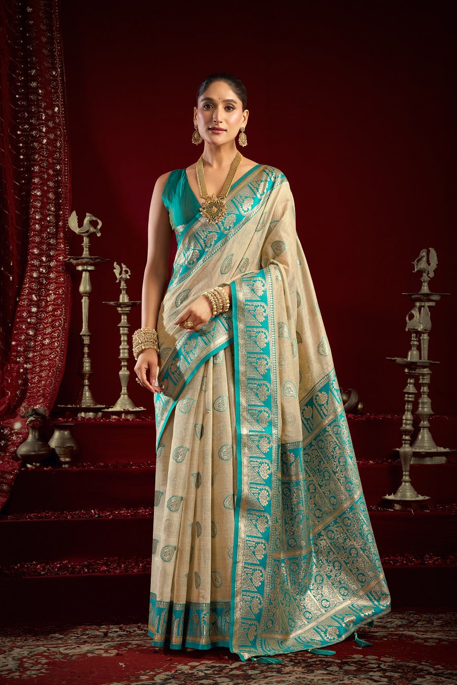 Beige Fancy Modal Banarasi Zari Saree with Premium Zhallar Border – Designer Festive Party Wear Saree