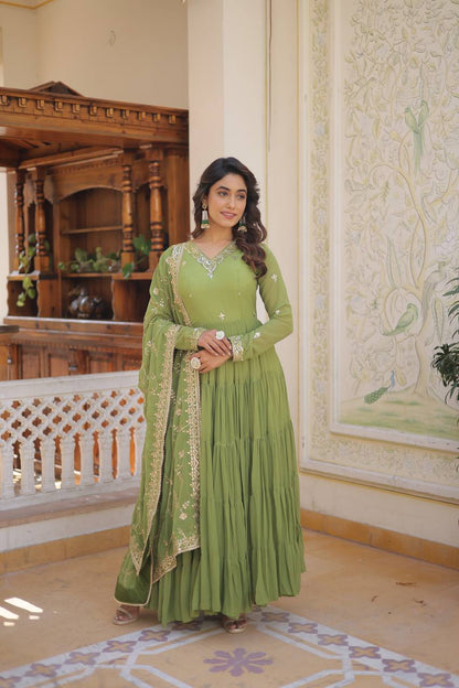 Parrot Green Unique Coloured Faux Georgette With Embroidered Work Gown With Dupatta